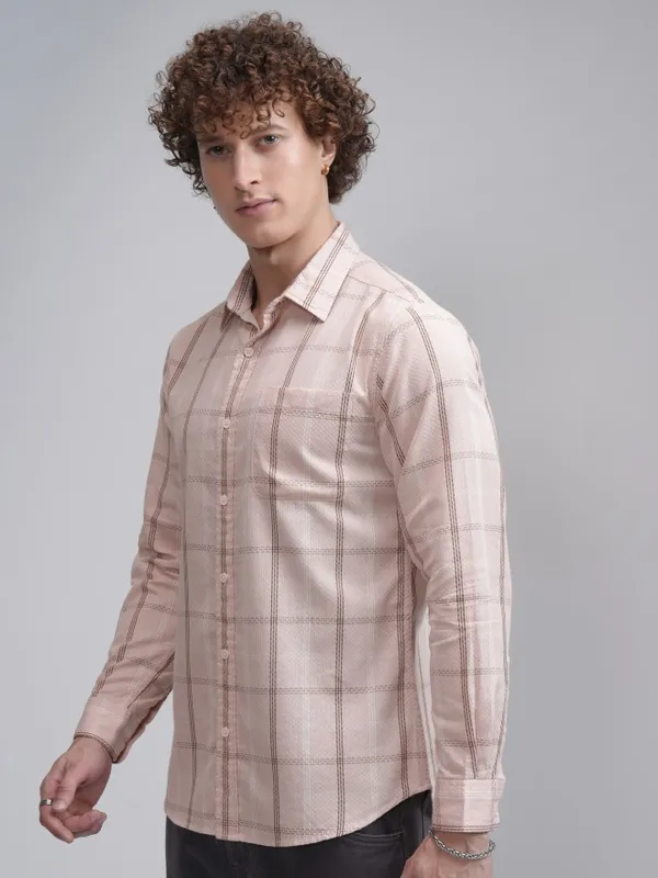 Highlander Men Peach Checked Slim Fit Casual Shirt
