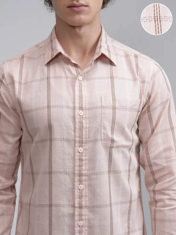 Highlander Men Peach Checked Slim Fit Casual Shirt