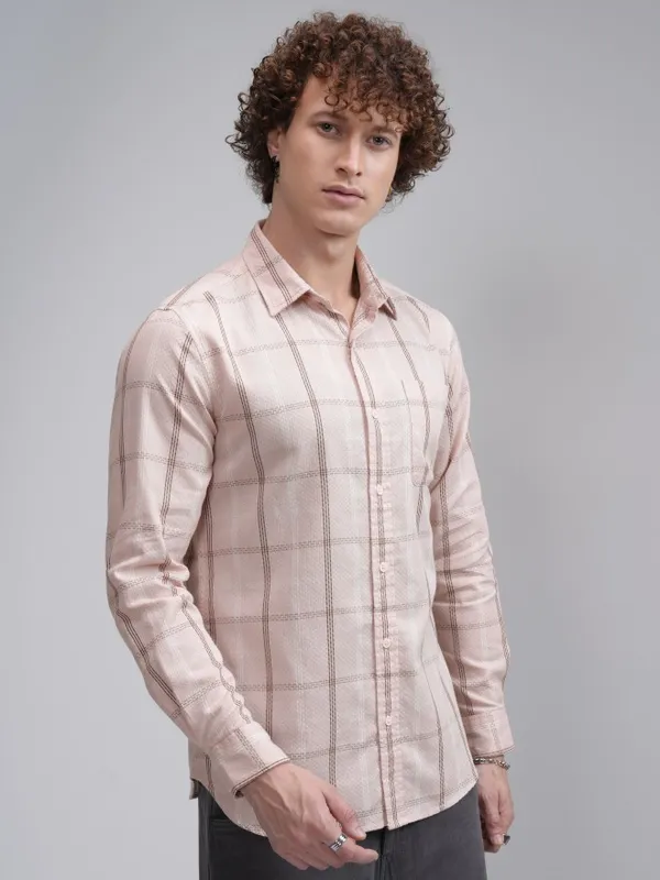 Highlander Men Peach Checked Slim Fit Casual Shirt