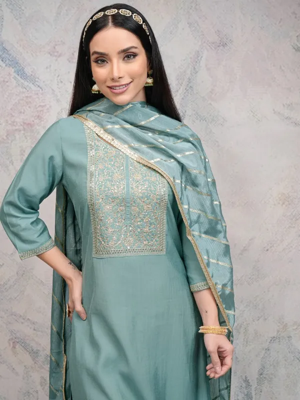 Vishudh Women Sea Green Embroidered Kurta With Palazzos And Dupatta