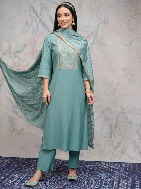 Vishudh Women Sea Green Embroidered Kurta With Palazzos And Dupatta