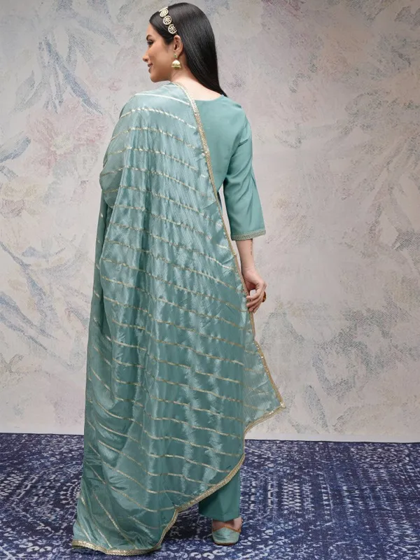 Vishudh Women Sea Green Embroidered Kurta With Palazzos And Dupatta
