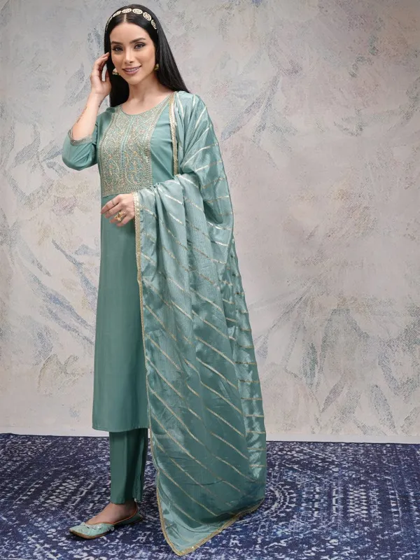 Vishudh Women Sea Green Embroidered Kurta With Palazzos And Dupatta