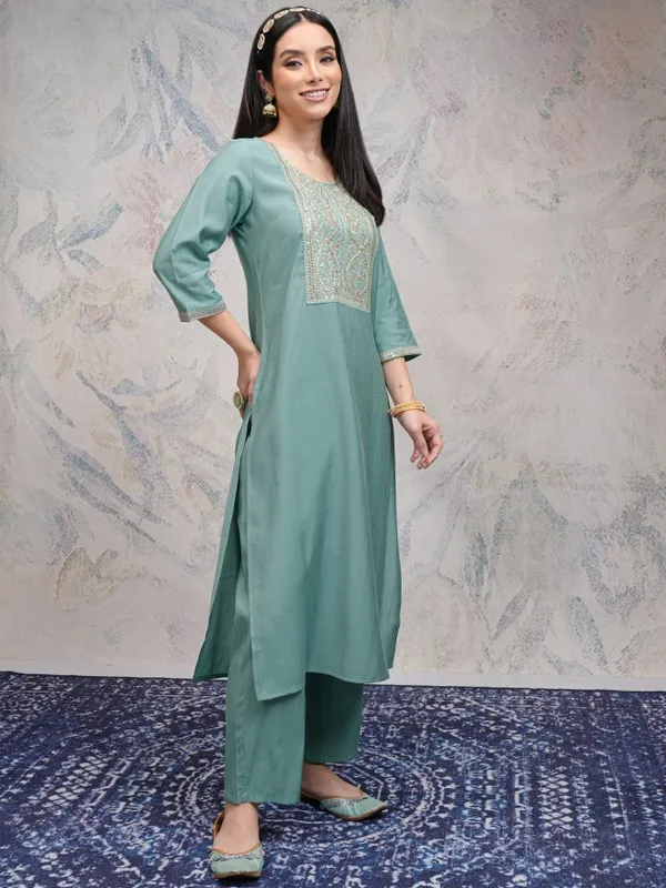 Vishudh Women Sea Green Embroidered Kurta With Palazzos And Dupatta