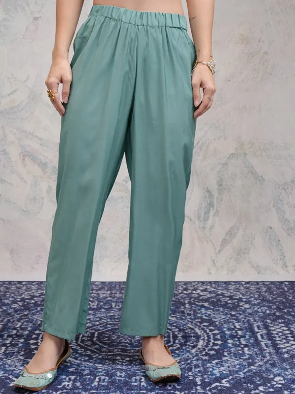 Vishudh Women Sea Green Embroidered Kurta With Palazzos And Dupatta