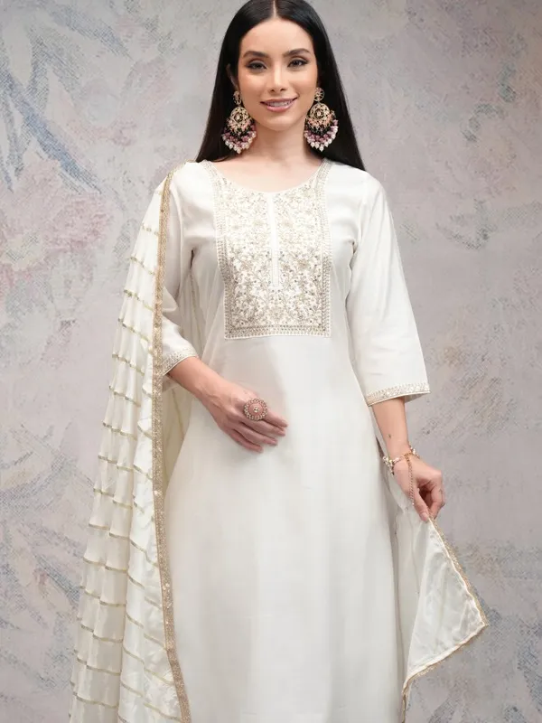 Vishudh Women Off White Embroidered Kurta With Palazzos And Dupatta