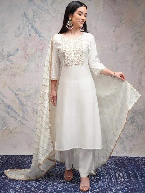 Vishudh Women Off White Embroidered Kurta With Palazzos And Dupatta