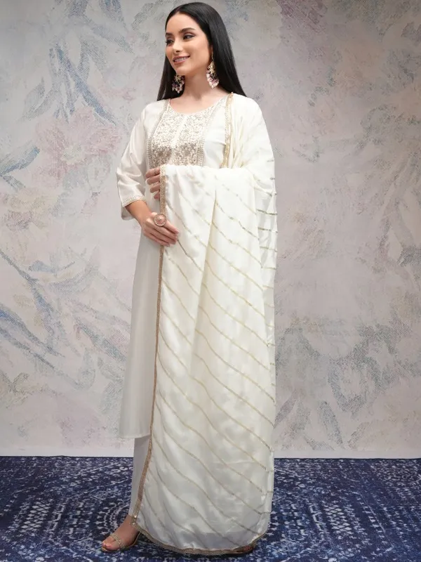 Vishudh Women Off White Embroidered Kurta With Palazzos And Dupatta