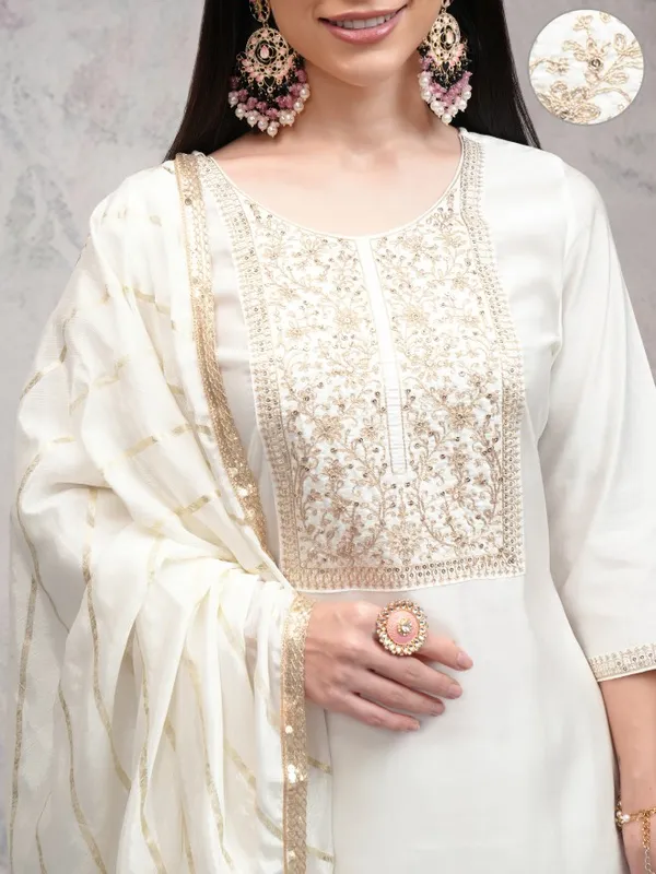 Vishudh Women Off White Embroidered Kurta With Palazzos And Dupatta