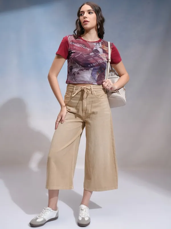 Tokyo Talkies Women Beige Wide Leg Stretchable Jeans