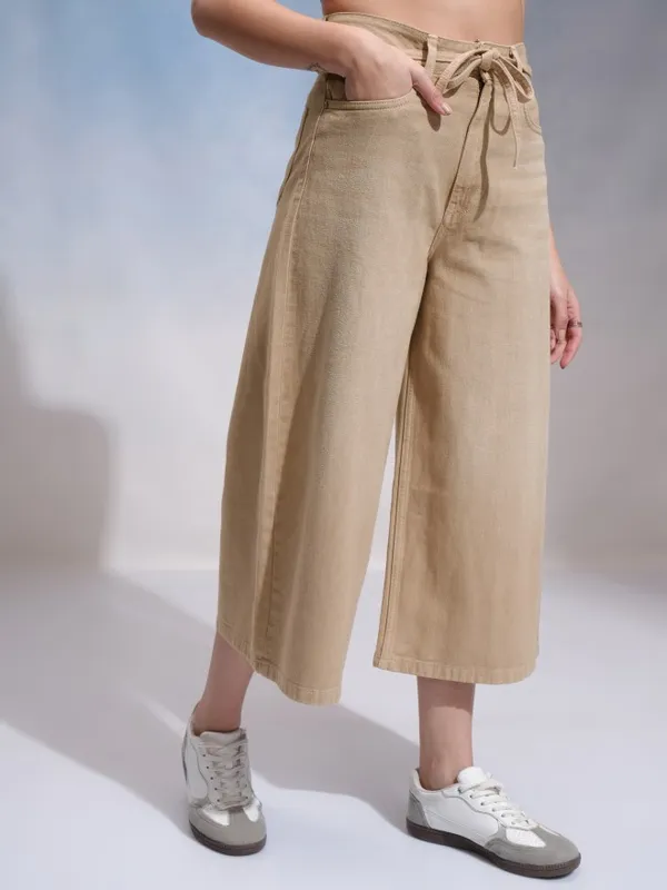 Tokyo Talkies Women Beige Wide Leg Stretchable Jeans