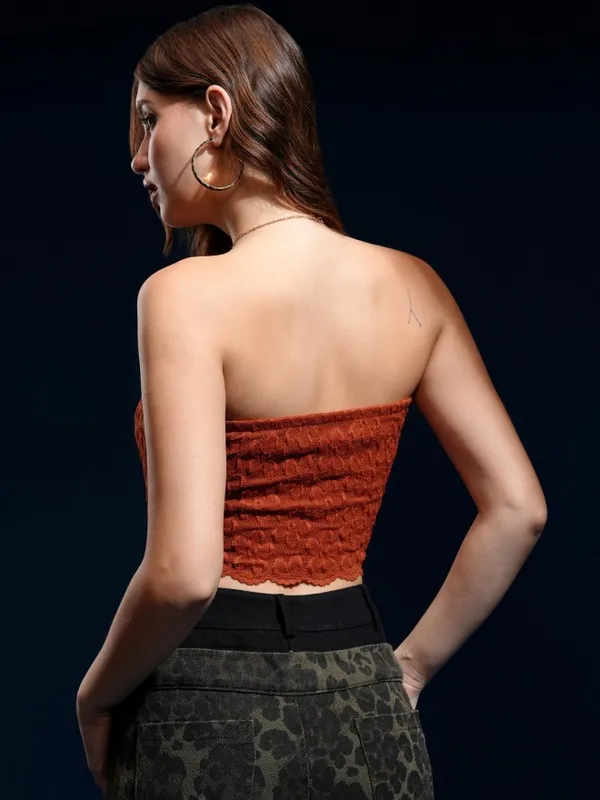 Tokyo Talkies Women Rust Embroidered Fitted Top