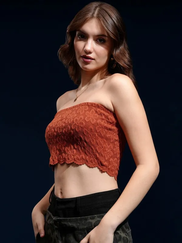 Tokyo Talkies Women Rust Embroidered Fitted Top