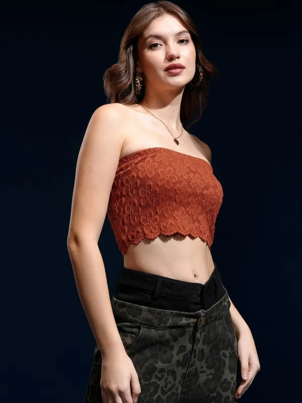 Tokyo Talkies Women Rust Embroidered Fitted Top
