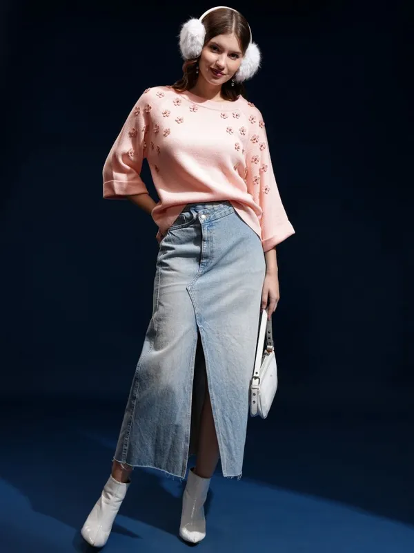 Tokyo Talkies Women Pink Round Neck Sweater