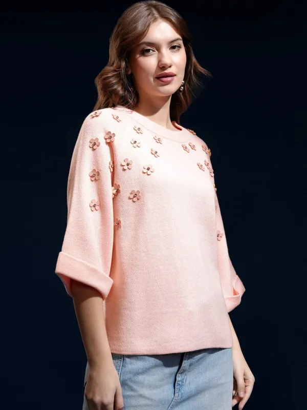 Tokyo Talkies Women Pink Round Neck Sweater