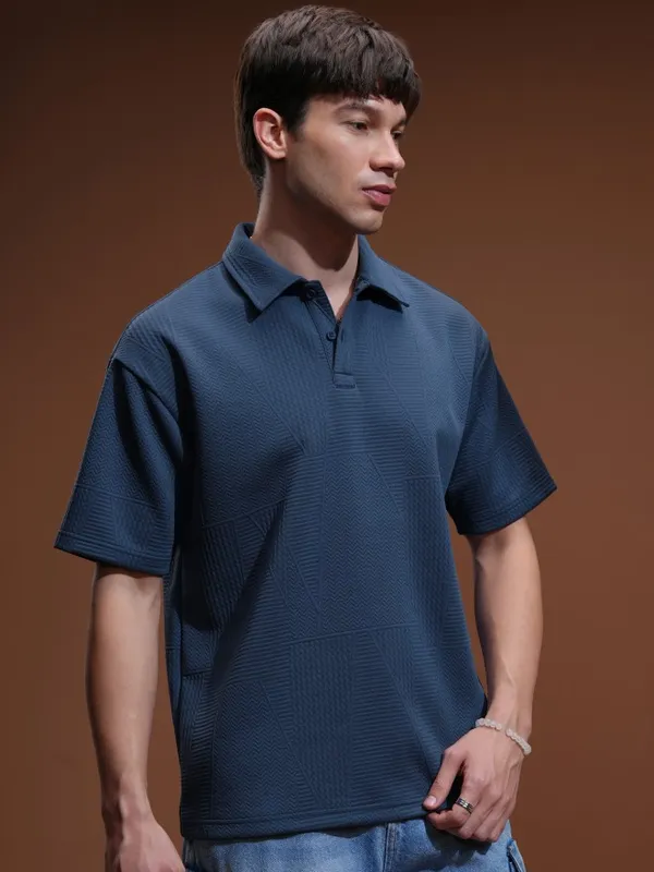 Highlander Men Blue Self Design Polo Collar T-Shirt