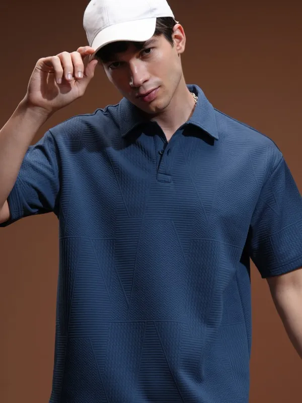 Highlander Men Blue Self Design Polo Collar T-Shirt