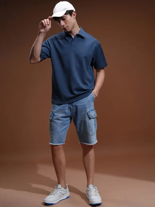 Highlander Men Blue Self Design Polo Collar T-Shirt