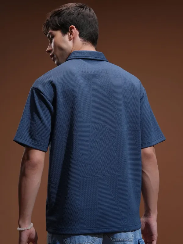 Highlander Men Blue Self Design Polo Collar T-Shirt