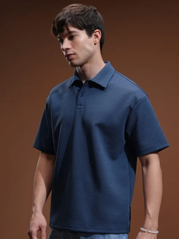 Highlander Men Blue Self Design Polo Collar T-Shirt