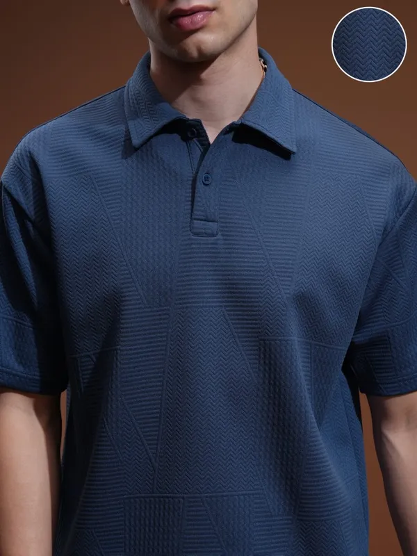 Highlander Men Blue Self Design Polo Collar T-Shirt