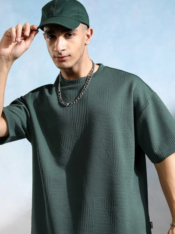 Highlander Men Teal Round Neck Self Design Oversized Fit T-Shirt