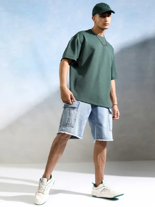 Highlander Men Teal Round Neck Self Design Oversized Fit T-Shirt