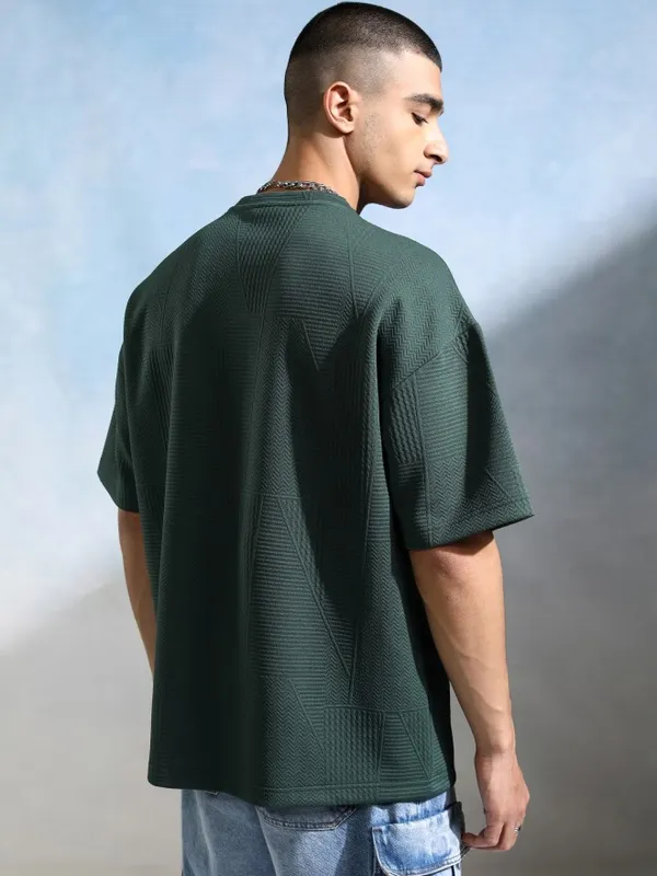Highlander Men Teal Round Neck Self Design Oversized Fit T-Shirt