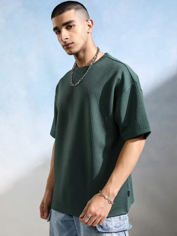 Highlander Men Teal Round Neck Self Design Oversized Fit T-Shirt