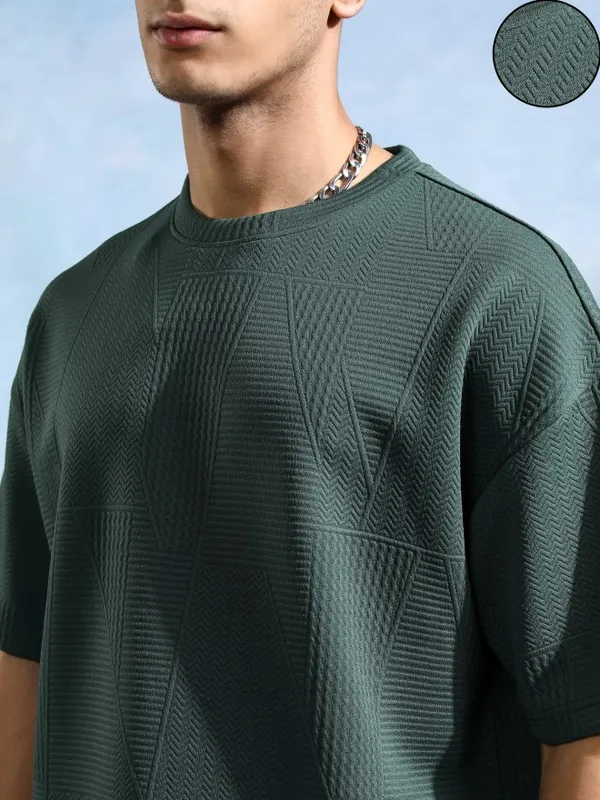 Highlander Men Teal Round Neck Self Design Oversized Fit T-Shirt