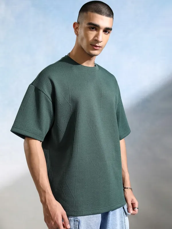 Highlander Men Teal Round Neck Self Design Oversized Fit T-Shirt