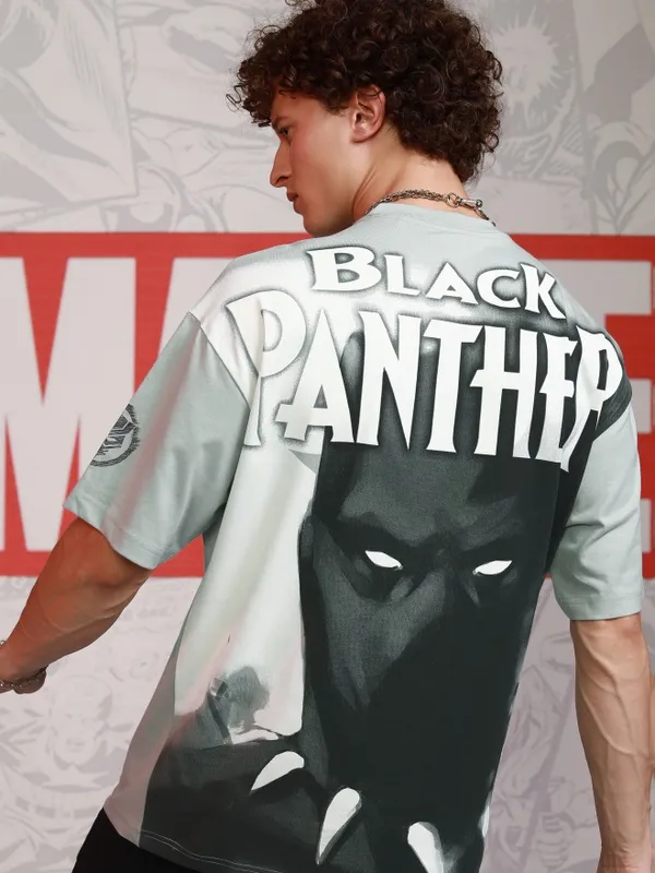 Marvel By Highlander Men Grey Black Panther Printed Round Neck Oversized Fit T-Shirt