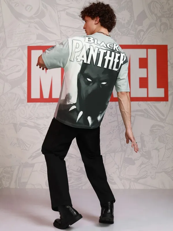 Marvel By Highlander Men Grey Black Panther Printed Round Neck Oversized Fit T-Shirt