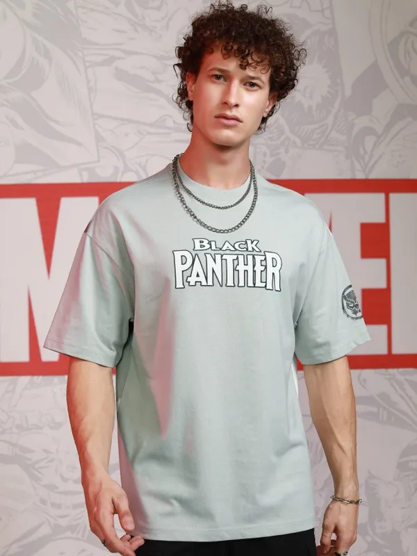 Marvel By Highlander Men Grey Black Panther Printed Round Neck Oversized Fit T-Shirt