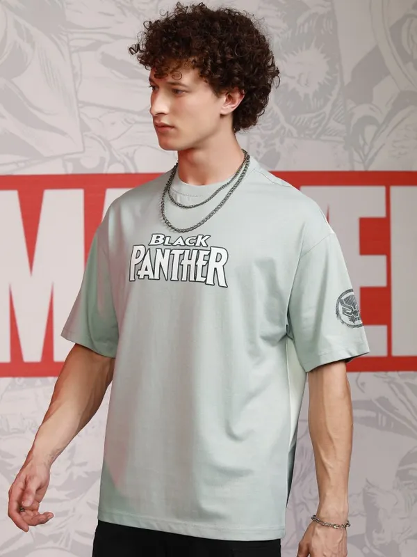 Marvel By Highlander Men Grey Black Panther Printed Round Neck Oversized Fit T-Shirt