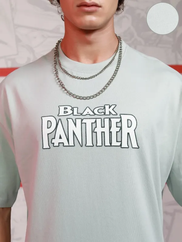Marvel By Highlander Men Grey Black Panther Printed Round Neck Oversized Fit T-Shirt