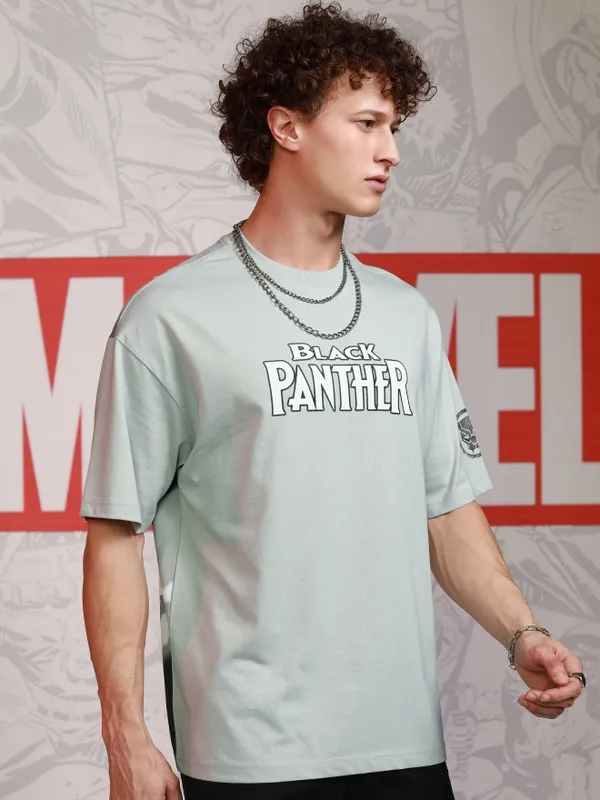 Marvel By Highlander Men Grey Black Panther Printed Round Neck Oversized Fit T-Shirt