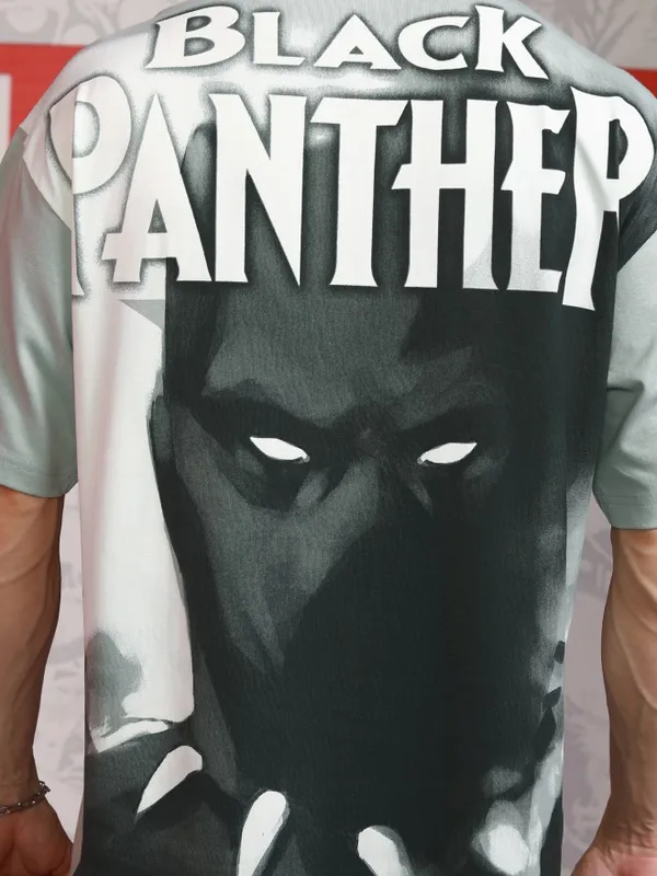 Marvel By Highlander Men Grey Black Panther Printed Round Neck Oversized Fit T-Shirt