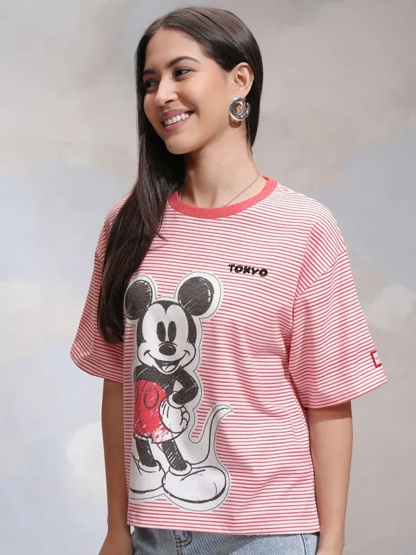 Disney By Tokyo Talkies Women Red Mickey Mouse Printed Round Neck T-Shirt