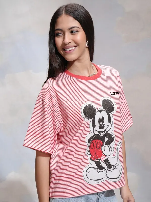 Disney By Tokyo Talkies Women Red Mickey Mouse Printed Round Neck T-Shirt