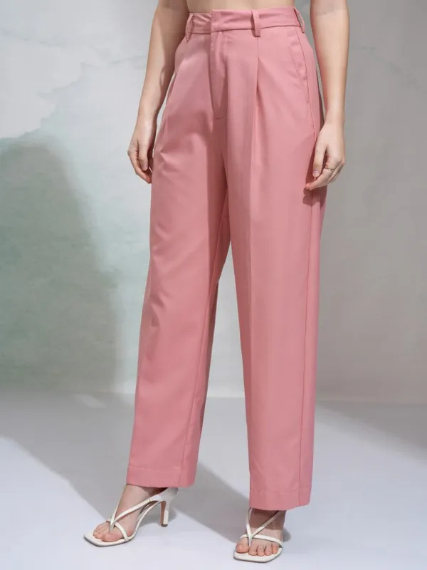 Tokyo Talkies Women Pink Solid Regular Fit Casual Trouser