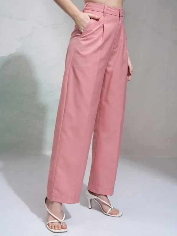 Tokyo Talkies Women Pink Solid Regular Fit Casual Trouser