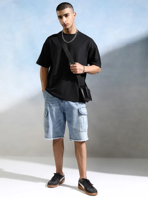 Men Self Design Round Neck Oversized Fit T-Shirt