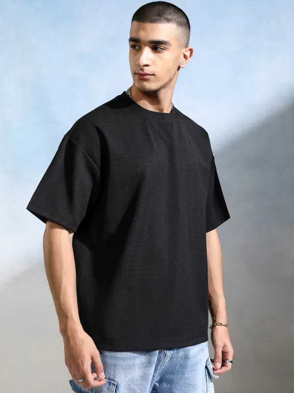 Men Self Design Round Neck Oversized Fit T-Shirt