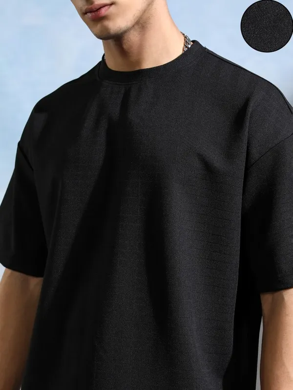 Highlander Men Black Self Design Round Neck Oversized Fit T-Shirt