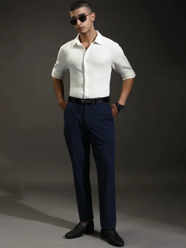 Highlander Men White Textured Slim Fit Casual Shirt