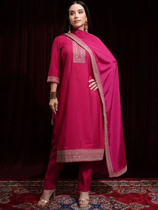 Vishudh Women Pink Kurta With Palazzos And Dupatta