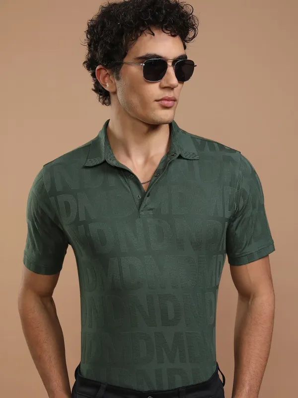 Highlander Men Green Printed Polo Collar T-Shirt