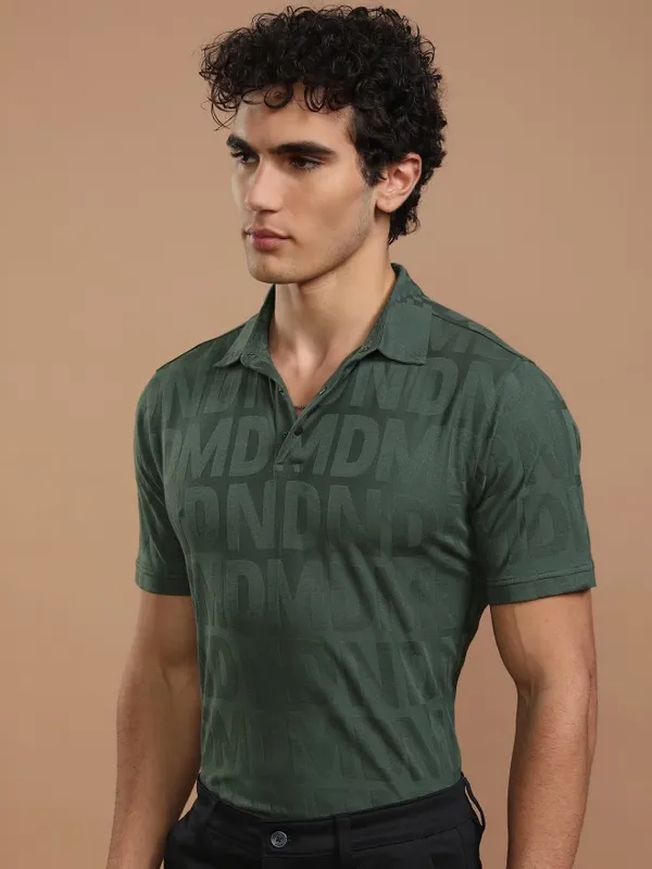Highlander Men Green Printed Polo Collar T-Shirt